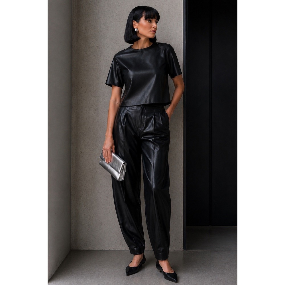 Lucy Paris Women Black Faux Leather Short-Sleeve Blouse Top T-Shirt Size XS